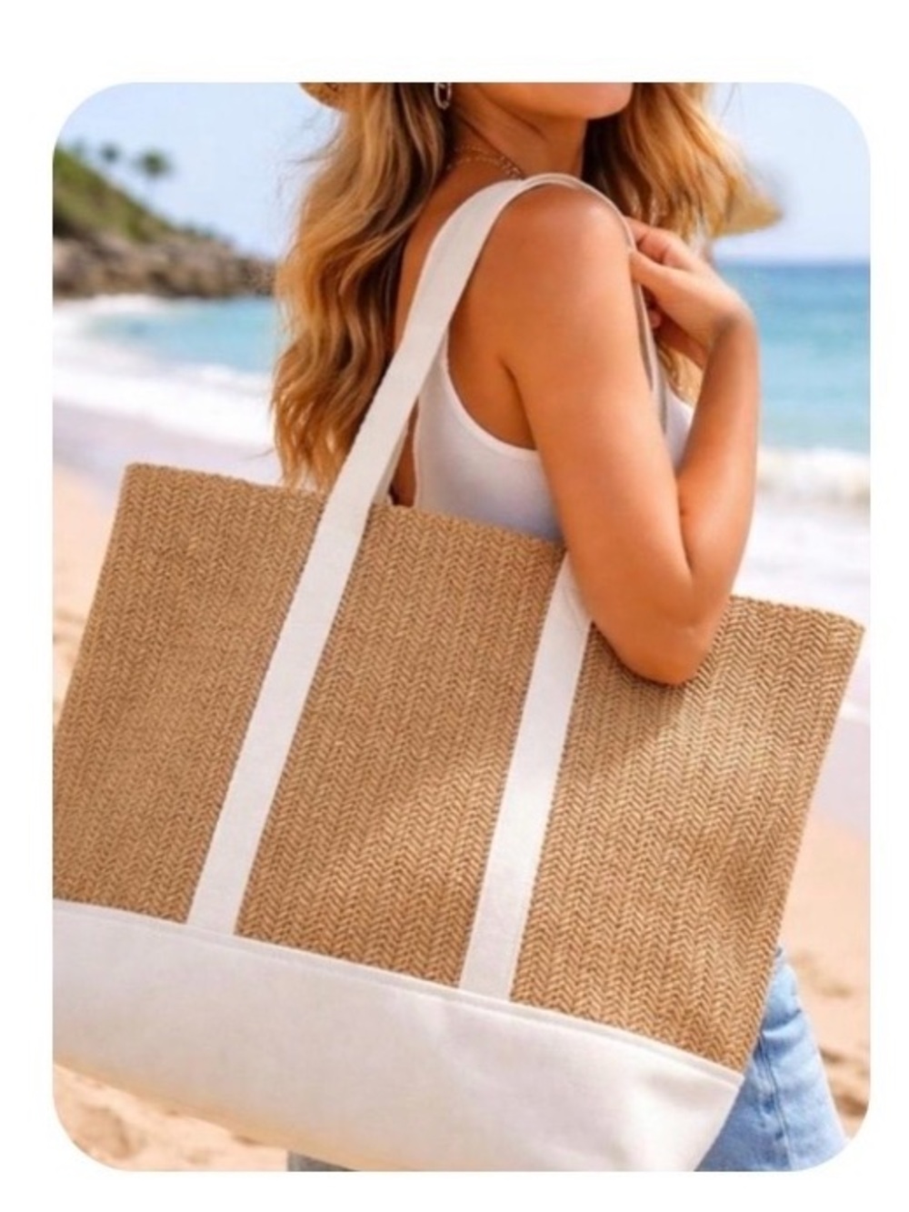 NWT, by MUMU Beach Tote Bag with White Trim - Straw/Natural